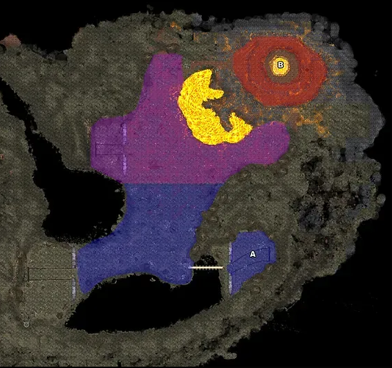Twilight Underworld map — Blue (Timru), Purple (Drago) and Red (Chaotic) areas, entrance (A) and gateway (B)